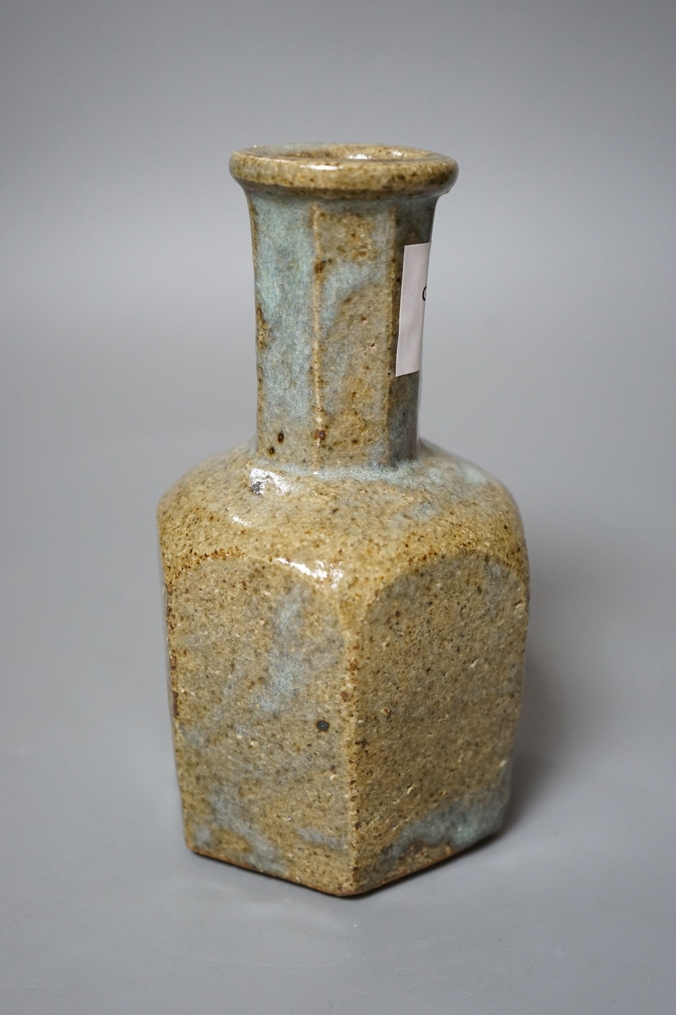 William Marshall (1923–2007) for Leach St Ives pottery, an olive green and pale blue glazed hexagonal bottle vase, 18cm tall